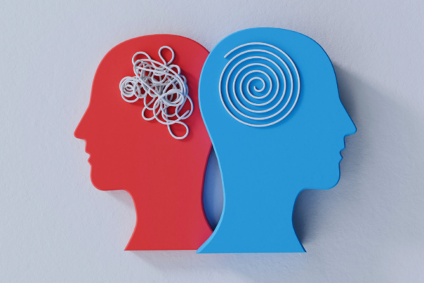 Two illustrated human profiles with different internal patterns—a tangled wire and a spiral—representing diverse thinking styles and cognitive approaches.