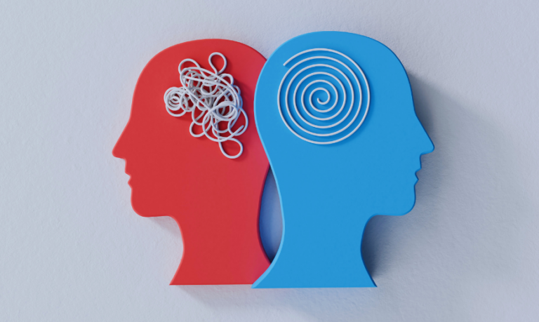 Two illustrated human profiles with different internal patterns—a tangled wire and a spiral—representing diverse thinking styles and cognitive approaches.