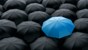 A single blue umbrella stands out among a crowd of black umbrellas — a visual metaphor for challenging groupthink in decision making and promoting board diversity of thought.