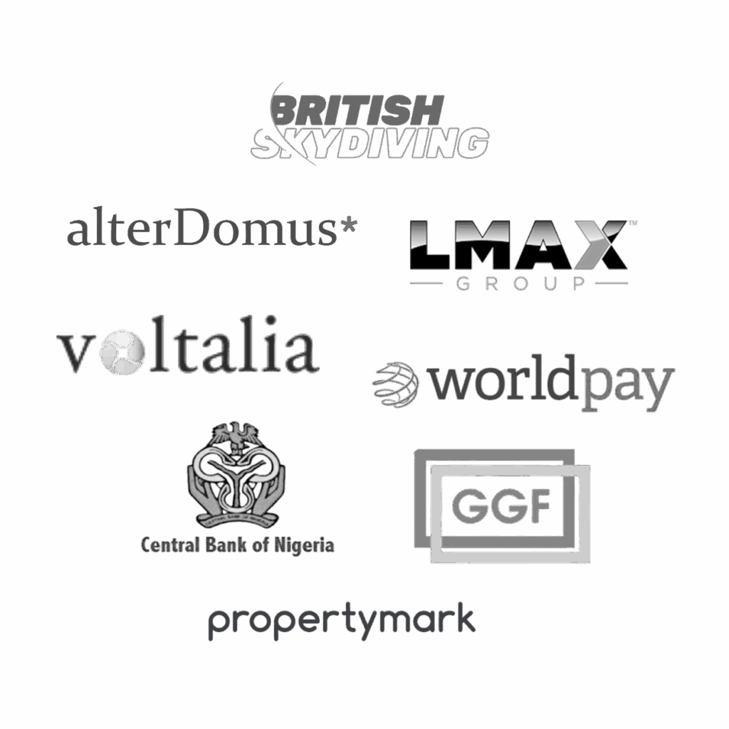Logos of organisations trained or evaluated by Genius Boards, including British Skydiving, Alter Domus, IMAX Group, Voltalia, Worldpay, Central Bank of Nigeria, GGF, and Propertymark.